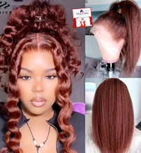 Load image into Gallery viewer, Reddish Color Kinky Straight Pre-plucked Human Hair Lace Frontal Wig
